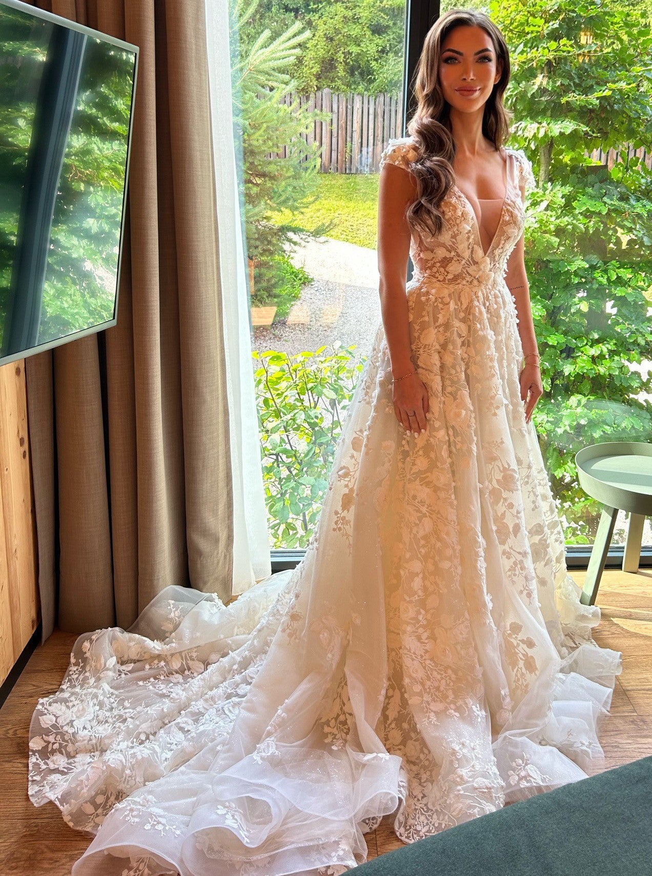 C2023-AL49 - short cap sleeve a-line 3D flower motif wedding gown with chapel train