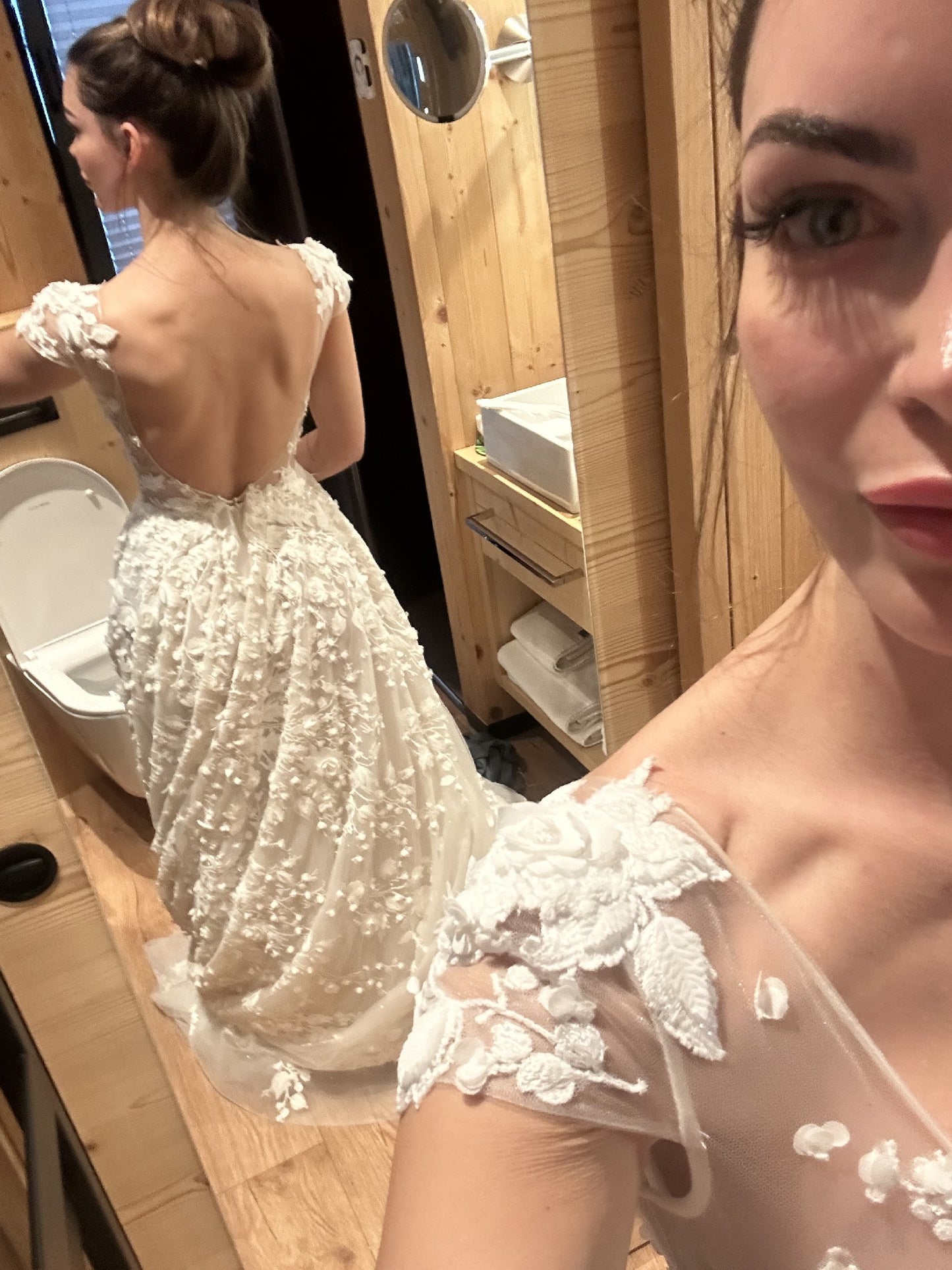 C2023-AL49 - short cap sleeve a-line 3D flower motif wedding gown with chapel train