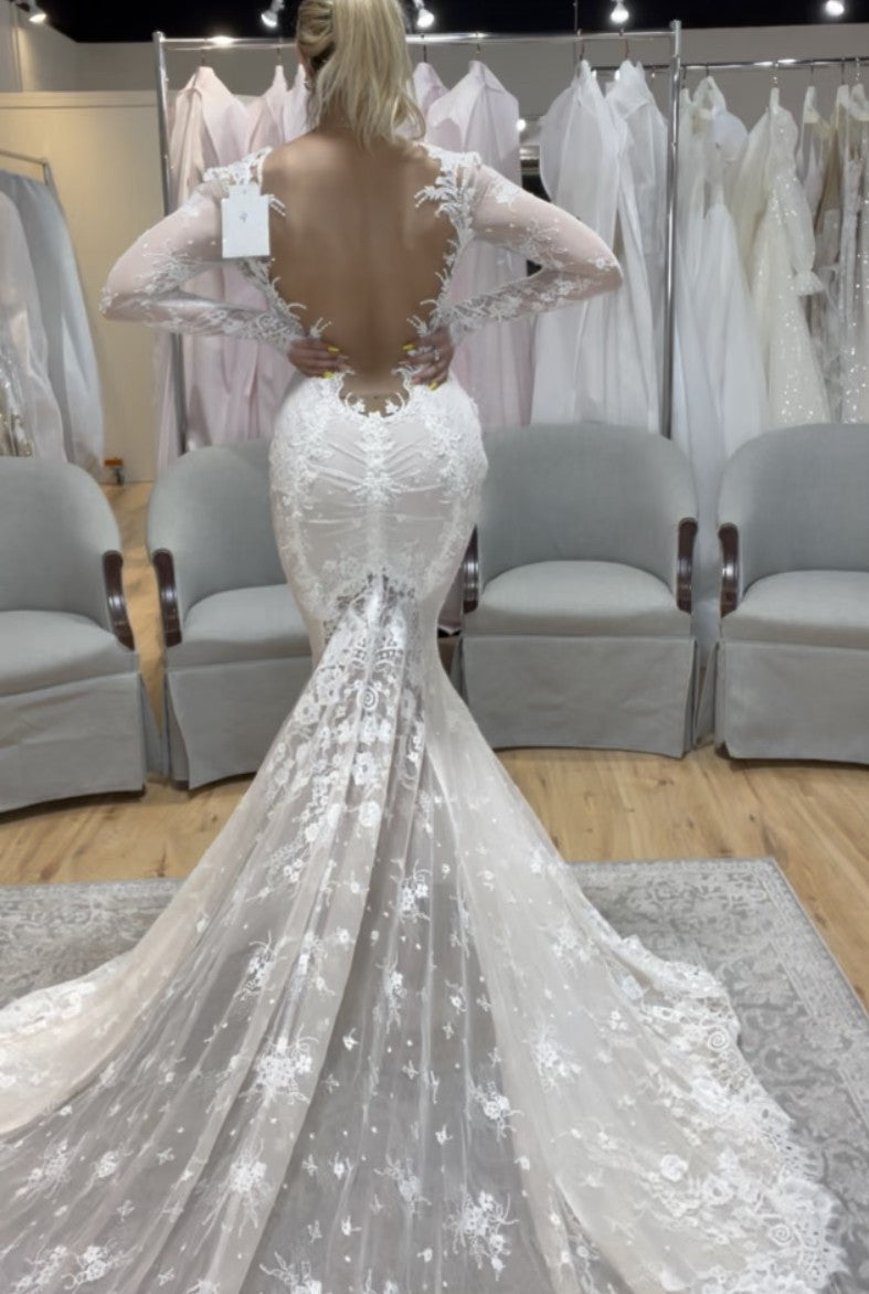C2023-LLS41 - backless long sleeve beaded lace wedding gown with open bust line