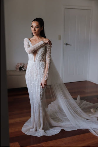 C2023-LSV20 - long sleeve beaded deep v-neck sexy wedding dress