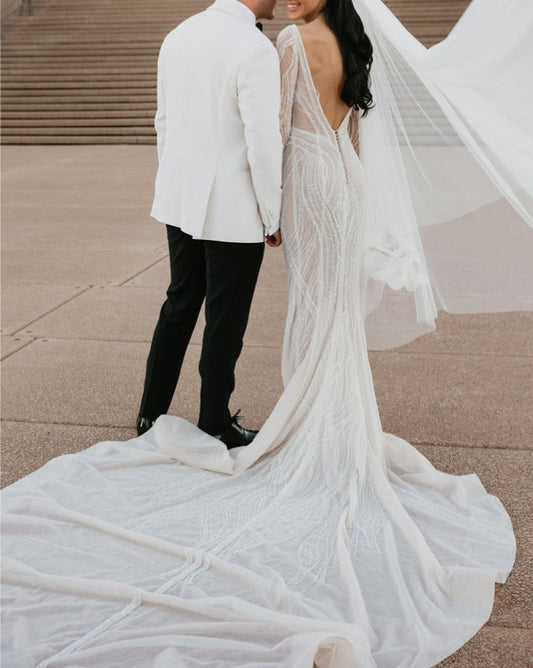 C2023-LSV20 - long sleeve beaded deep v-neck sexy wedding dress