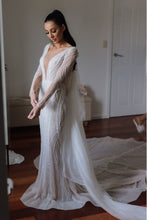 C2023-LSV20 - long sleeve beaded deep v-neck sexy wedding dress