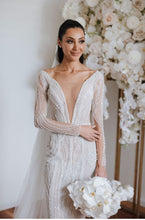 C2023-LSV20 - long sleeve beaded deep v-neck sexy wedding dress