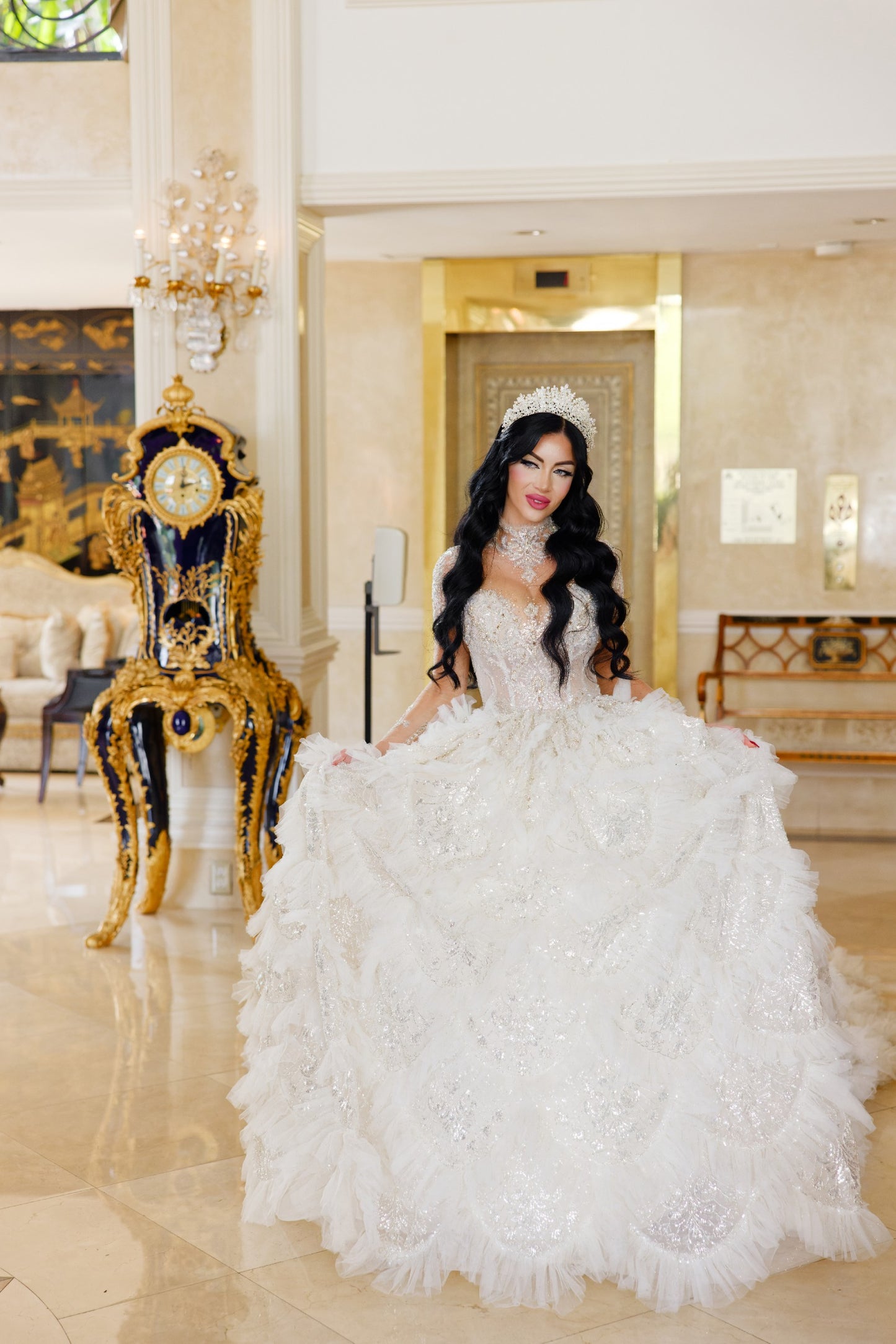 C2024-BG313 - Crystal beaded embroidered ball gown wedding dress with bling and long sleeves