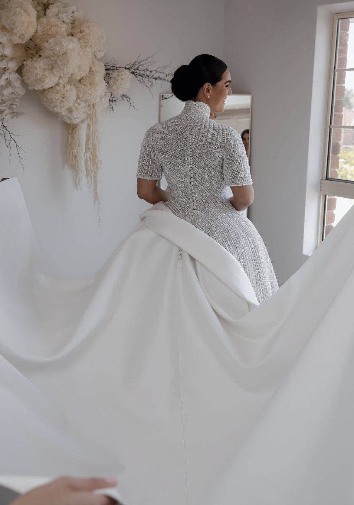 C2024-SSB42 - Beaded Short Sleeve Ball Gown Wedding Dress with collar and satin over skirt