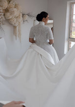 C2024-SSB42 - Beaded Short Sleeve Ball Gown Wedding Dress with collar and satin over skirt