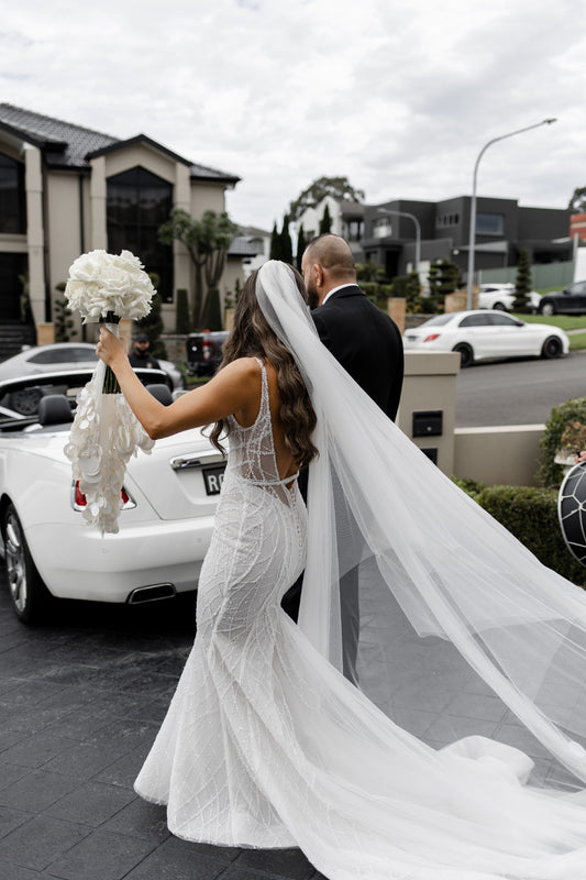 C2023-BSS73 - backless spaghetti strap fitted beaded wedding gown