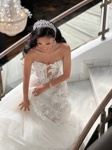 C2023-SC87K - strapless beaded lace detail wedding gown with cathedral train