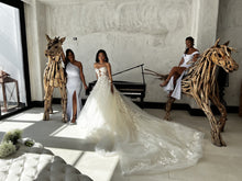 C2023-SC87K - strapless beaded lace detail wedding gown with cathedral train