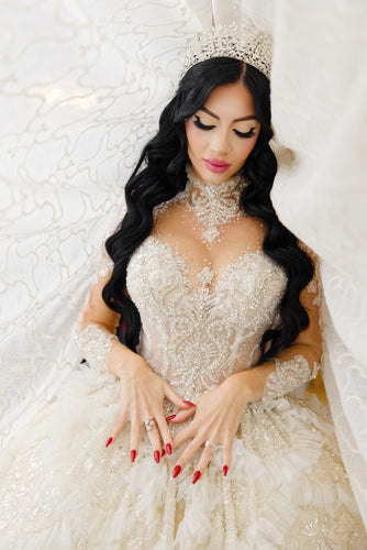 C2024-BG313 - Crystal beaded embroidered ball gown wedding dress with bling and long sleeves