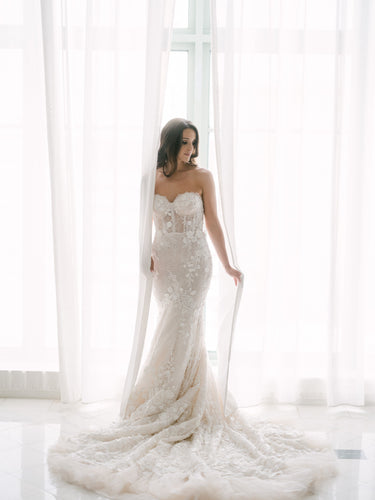 C2023-s443 - strapless beaded lace fitted corset style wedding gown with cathedral train