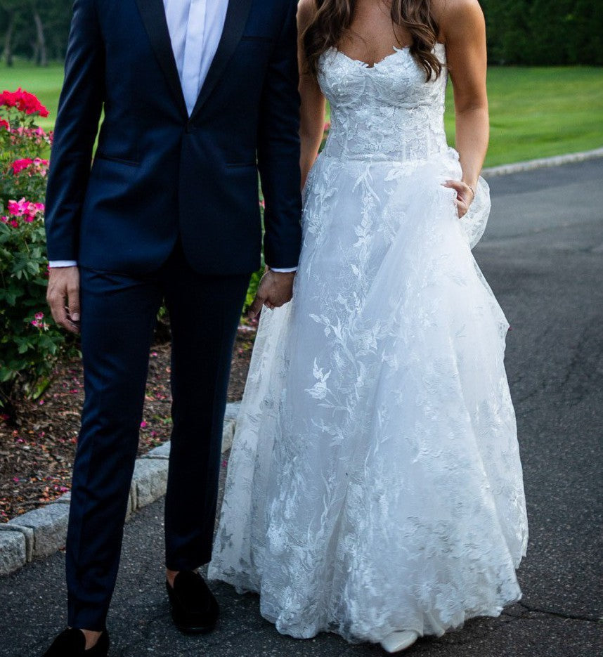 C2023-SA49 - strapless a-line style delicate lace wedding gown with chapel train