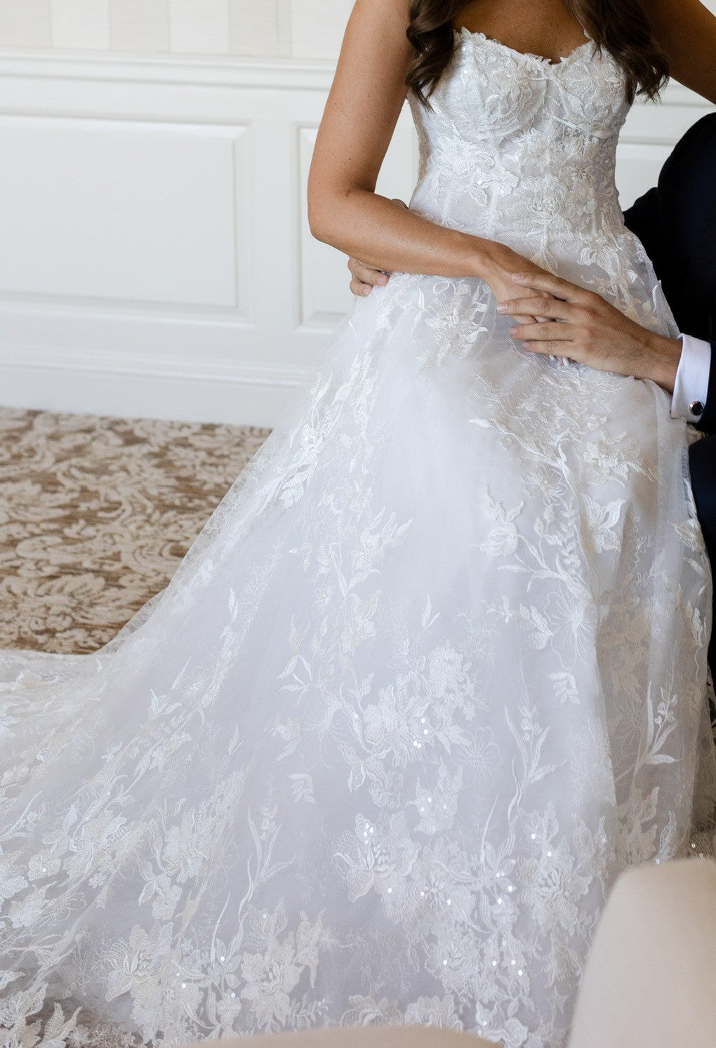 C2023-SA49 - strapless a-line style delicate lace wedding gown with chapel train