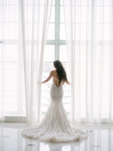 C2023-s443 - strapless beaded lace fitted corset style wedding gown with cathedral train
