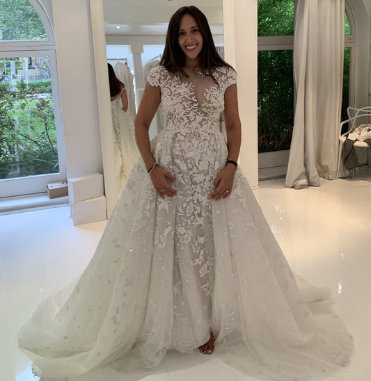 C2023-CS553k - short cap sleeve beaded lace wedding gown with overskirt & veil