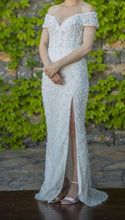 C2023-OSSp29 - off the shoulder beaded sheath wedding gown with split & train