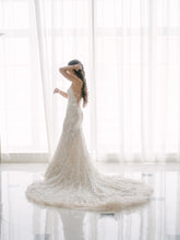 C2023-s443 - strapless beaded lace fitted corset style wedding gown with cathedral train