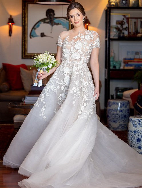 C2024-SSA812 - short sleeve a-line wedding gown with beaded embroidery embellishments