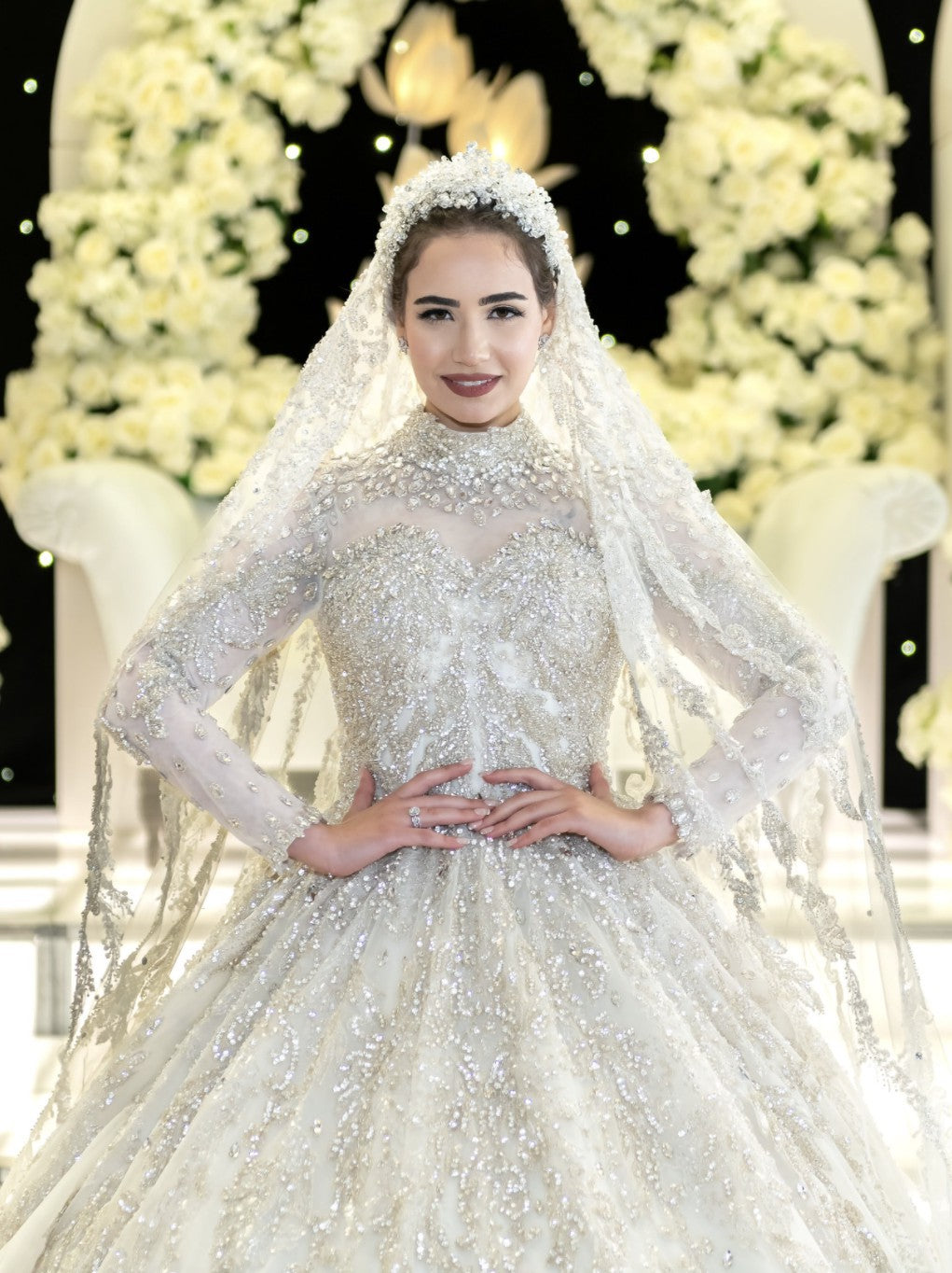 C2023-LSM918 - Modest long sleeve swarovski crystal beaded wedding ball gown with high collar