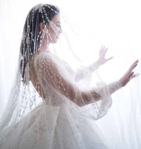 C2024-BG19L - Sheer trumpet sleeve wedding ball gown with chapel train