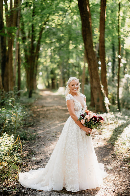 C2023-CS51A - short cap sleeve a-line wedding gown with chapel train