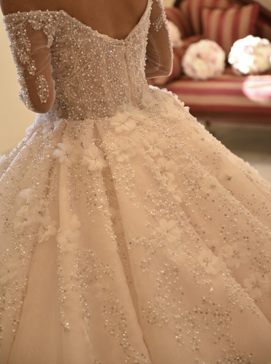 C2023-TLS265 - Off the shoulder long sleeve beaded traditional ball gown wedding dress