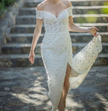 C2023-OSSp29 - off the shoulder beaded sheath wedding gown with split & train
