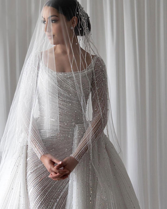 C2026-LS0916 - Beaded long sleeve scoop neck Wedding Dress