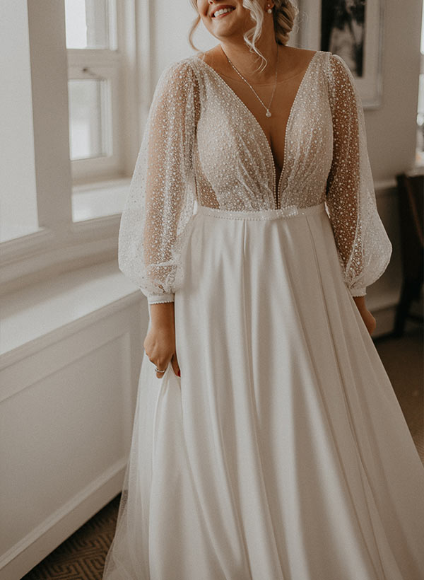C2023-LS33H - Robe de mariée blouson manches longues grande taille col V