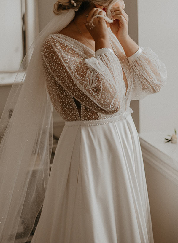 C2023-LS33H - Robe de mariée blouson manches longues grande taille col V