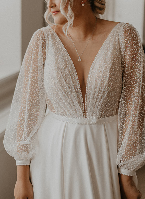 C2023-LS33H - Robe de mariée blouson manches longues grande taille col V
