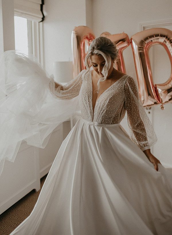 C2023-LS33H - Robe de mariée blouson manches longues grande taille col V