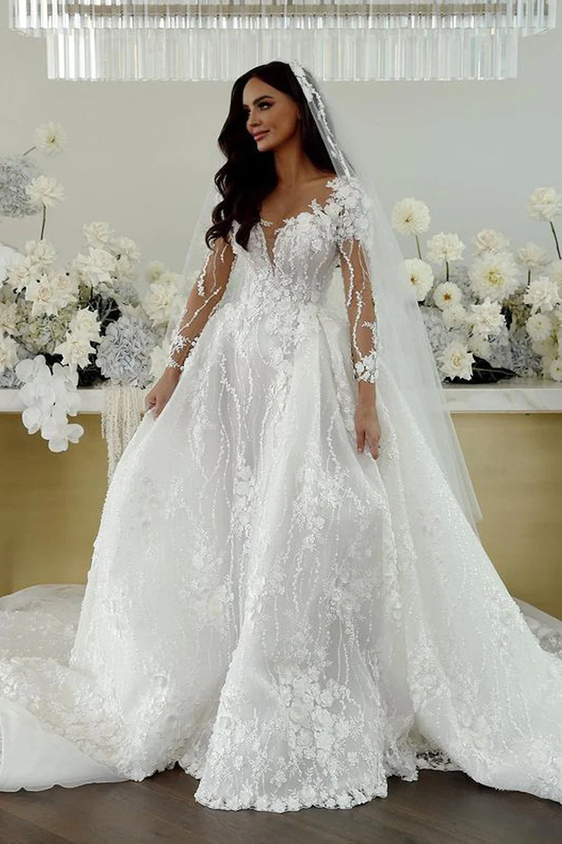 C2024-LSV11 - Vestido de novia transparente de manga larga con escote ilusión y abertura en la pierna