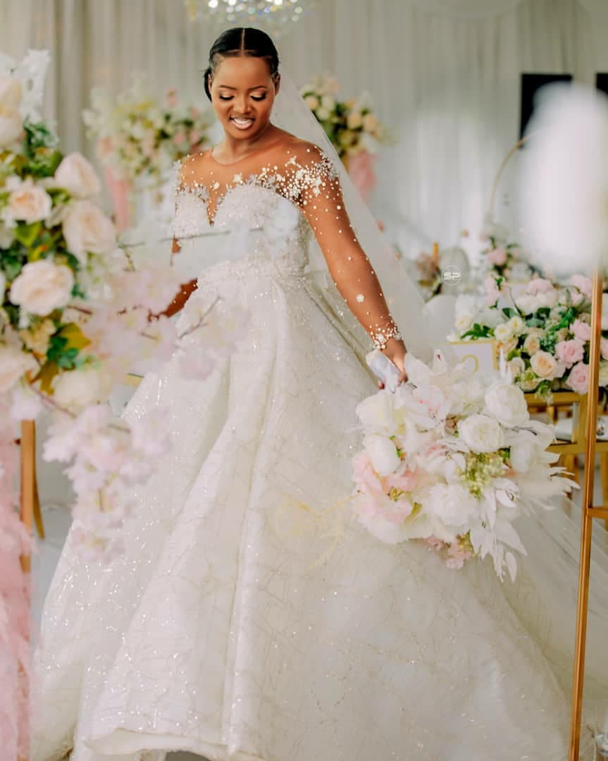 C2023-LSF91G - Illusion neckline sheer long sleeve beaded ball gown wedding dress