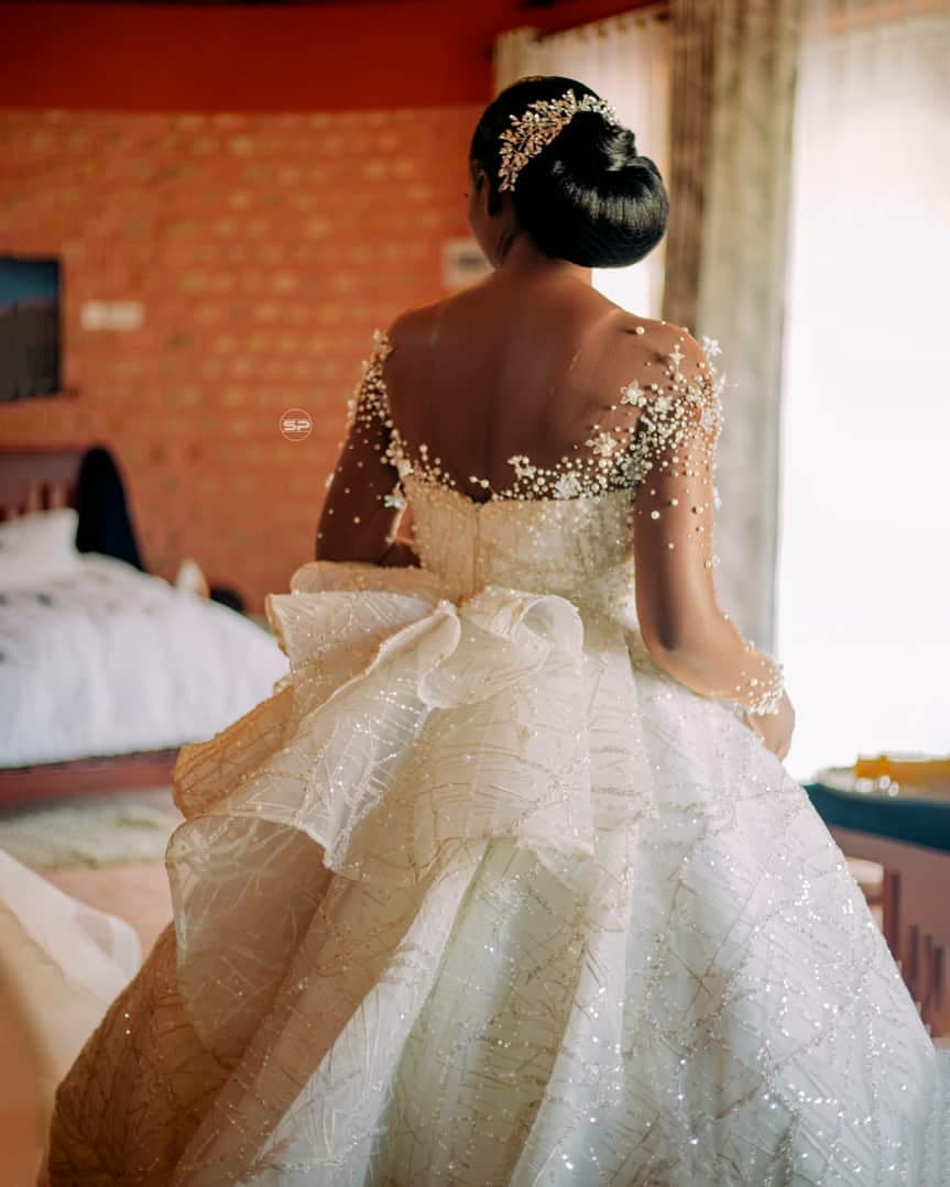 C2023-LSF91G - Illusion neckline sheer long sleeve beaded ball gown wedding dress