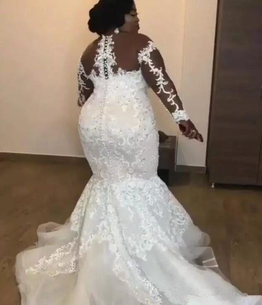 C2023-LS40b - sheer illusion long sleeve plus size fit-to-flare lace wedding gown