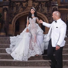C2020 - BLS989 - swarovski crystal beaded long sleeve illusion neckline wedding gown with detachable over skirt train