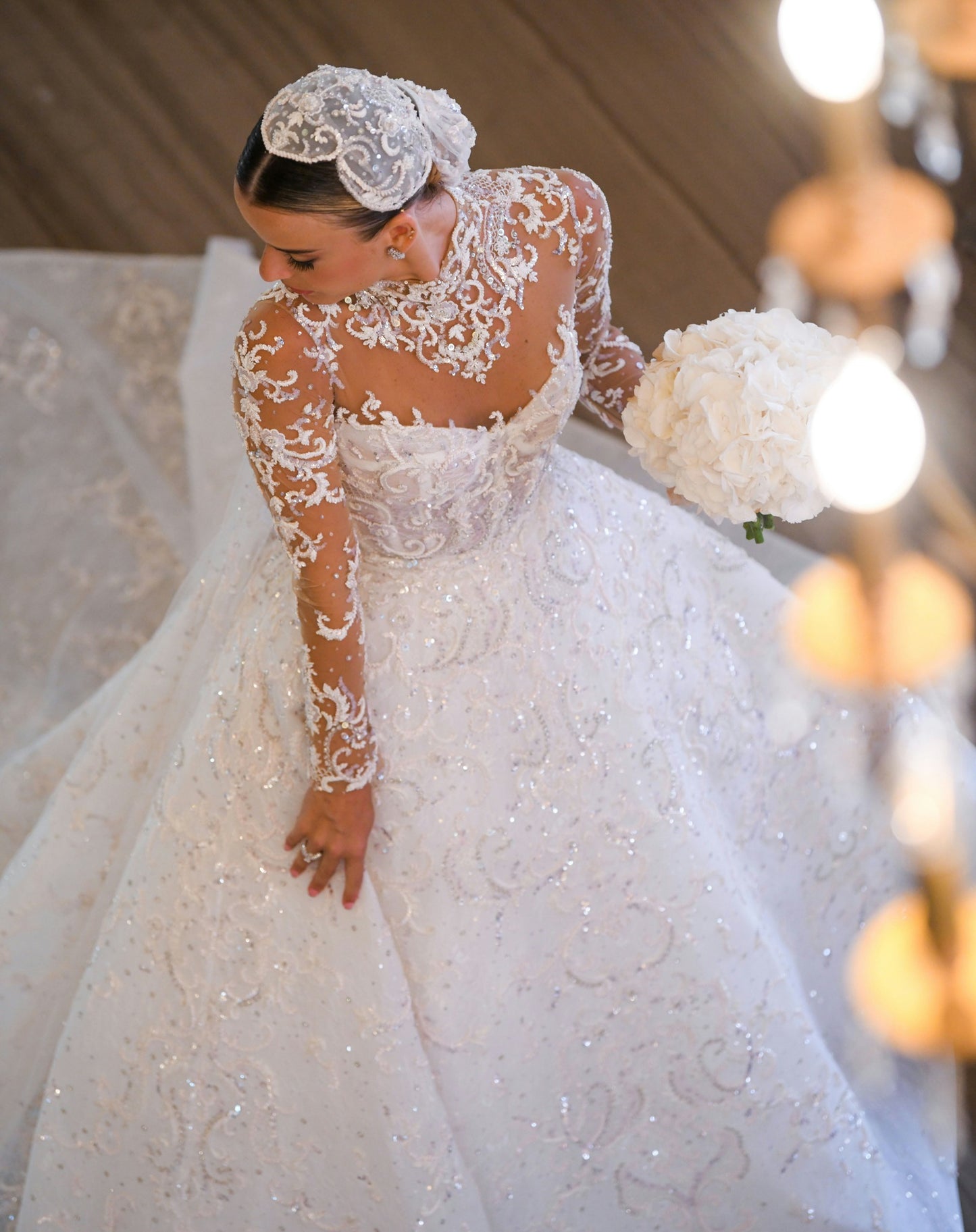 C2023-LSC87 - sheer illusion neckline long sleeve beaded embroidery wedding ball gown