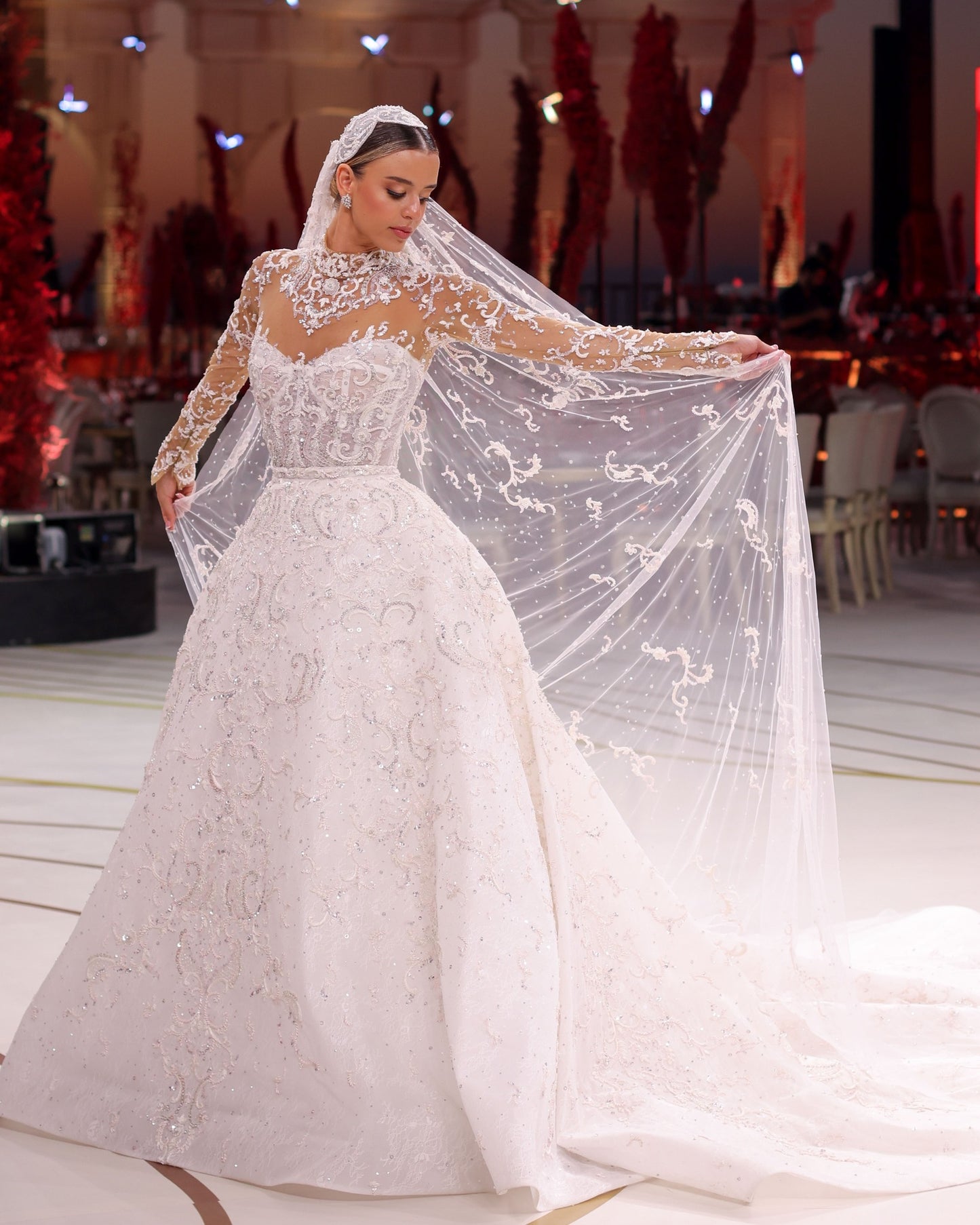 C2023-LSC87 - sheer illusion neckline long sleeve beaded embroidery wedding ball gown