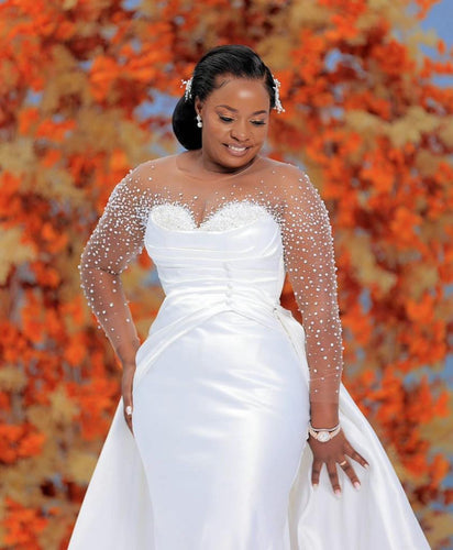 C2023-SLS751b - sheer long sleeve crystal beaded plus size wedding gown with detachable train