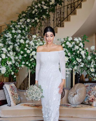 C2023-OTS727 - off the shoulder long sleeve 3D embellished wedding gown