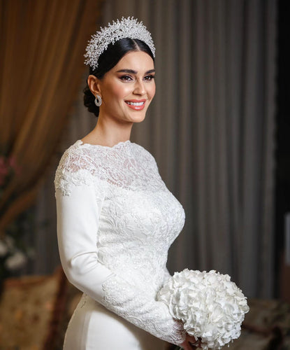 C2023-MLS72 - modest long sleeve formal church wedding gown with cathedral train