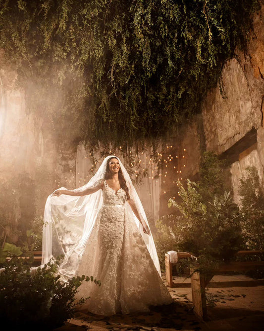 C2023-BG84P - belted 3D sleeveless wedding dress with detachable ball gown overskirt
