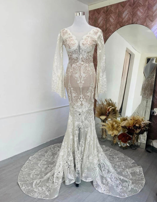 C2023-LS44T - embroidered beaded lace trumpet long sleeve wedding gown