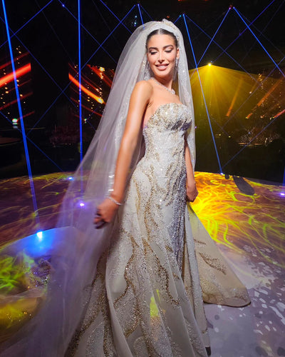 C2023-SG518 - strapless gold and silver beaded wedding dress with detachable ball gown train