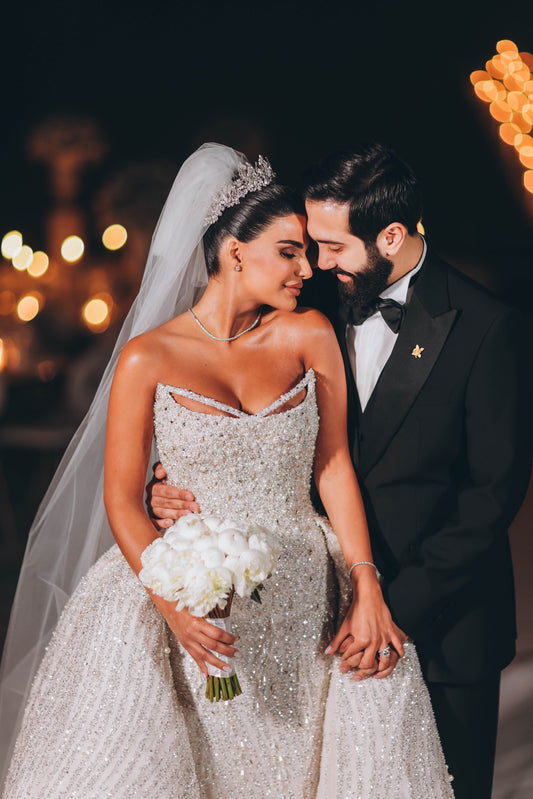 C2023-CB51C - Crystal beaded sexy strapless fitted wedding dress with detachable ball gown overskirt