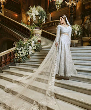 C2023-LS2V9 - Conjunto de vestido de novia de dos piezas de manga larga con bordado adornado y velo