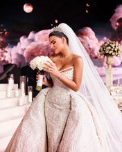 C2023-CB51C - Crystal beaded sexy strapless fitted wedding dress with detachable ball gown overskirt