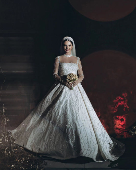 C2023-IN52B - sheer long sleeve illusion neckline with high collar wedding dress ballgown