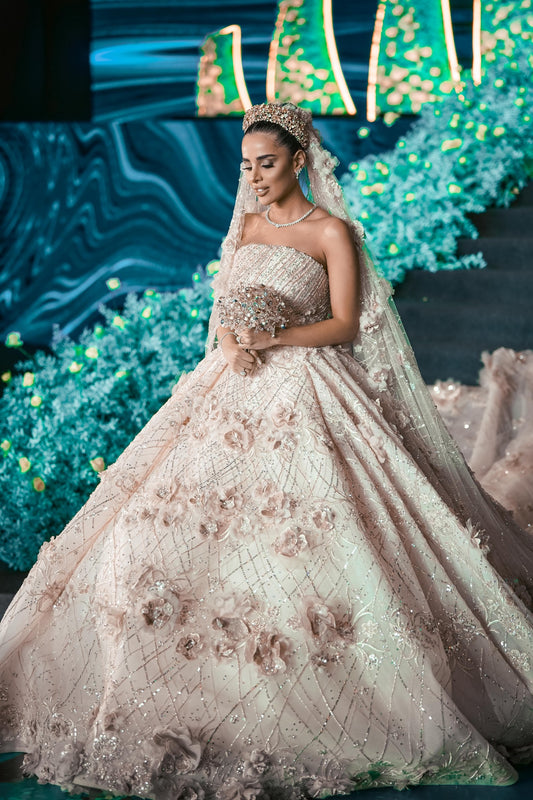 C2023-FBG88 - strapless formal ball gown wedding dress with 3D flower motif and cathedral train